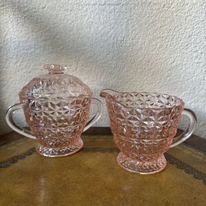 Vintage Fenton Pink Fine Cut and Block Sugar and Creamer Set‎ Depression Glass
